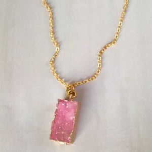 Druzy Pink Quartz Pendant Gold Plated Necklace NEW